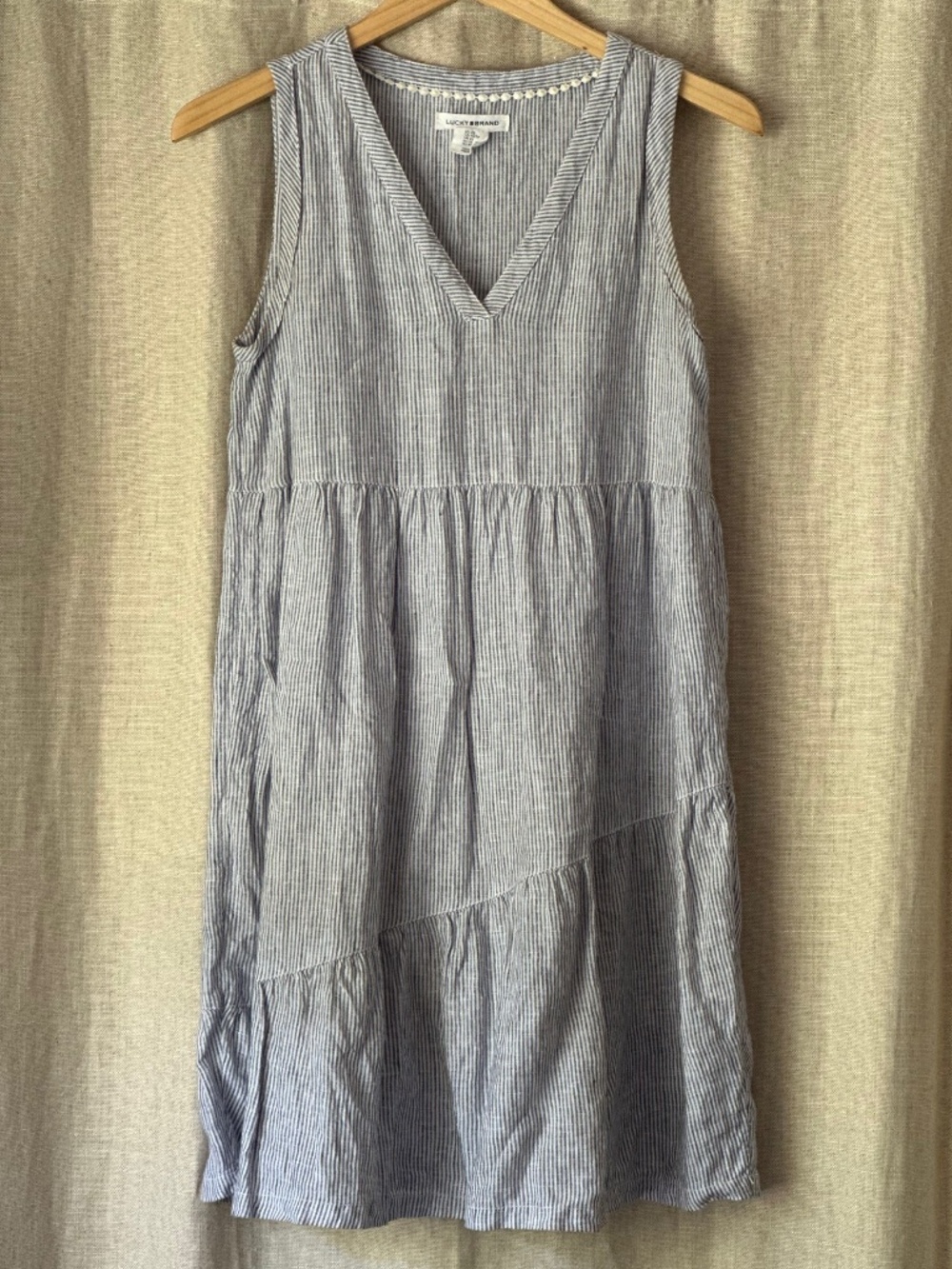 Summer Fun.  Cute blue and white pinstripes linen sundress.